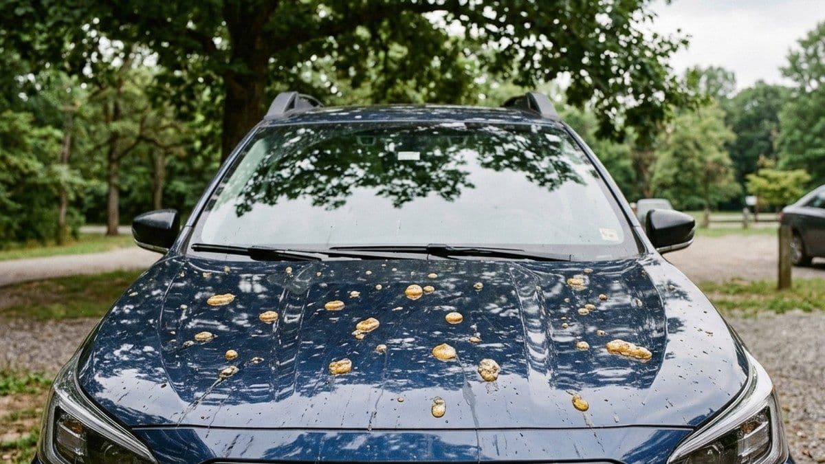 Närbild på en bilmotorhuv med klibbiga gula kådadroppar från ett träd.