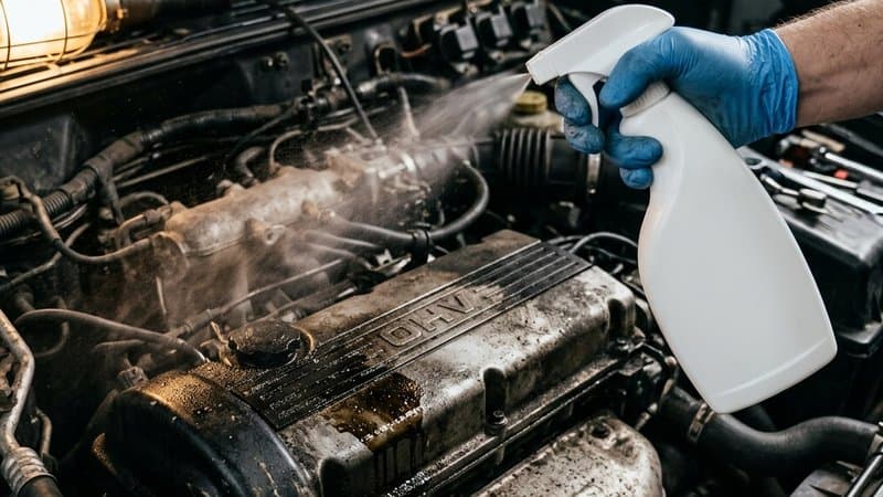 Steg 4: Applicera motorrumsavfettning — låt kemin göra grovjobbet