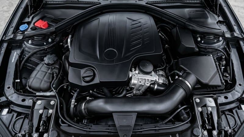 Ett rent och skinande motorrum efter professionell motortvätt, med synliga motordetaljer i nyskick.