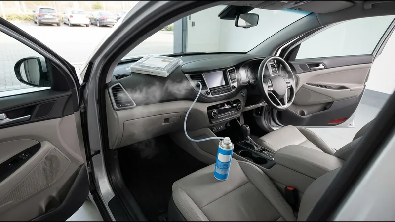 Bilinteriör med ventilation och instrumentpanel som desinfekteras med AC-rengöringsspray.