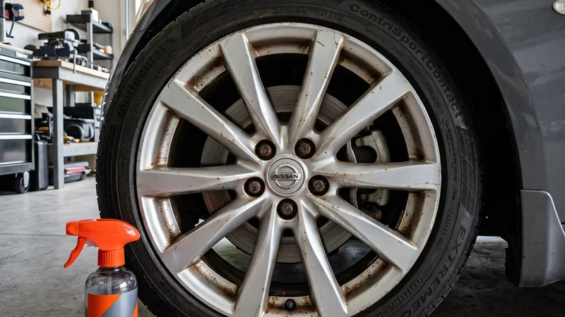 Silverfälg med orange-bruna fläckar av inbränt bromsdamm och järnavlagringsborttagare.