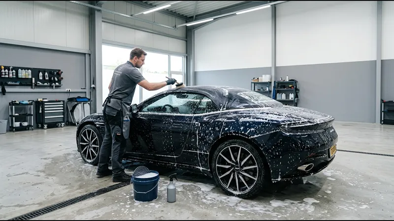 En rekondare som tvättar tygsuffletten på en mörkblå cabriolet med mjuk borste och skum i en bilvårdsstudio.