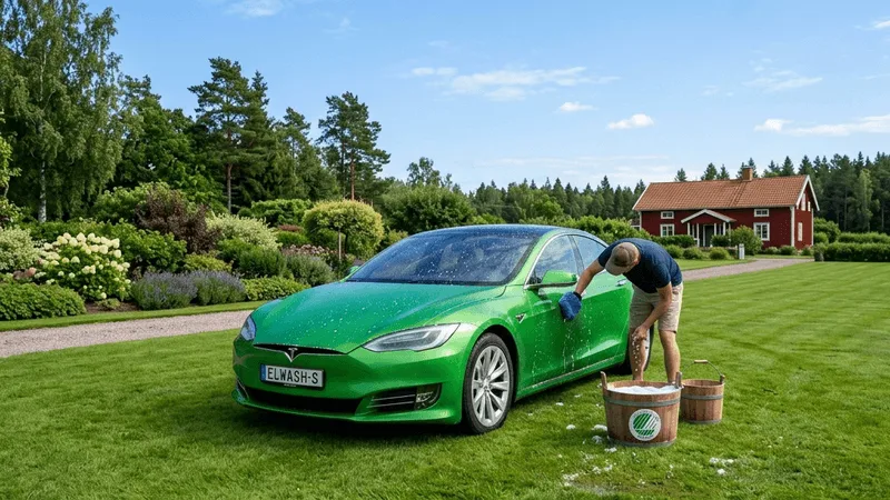 En bil som tvättas med svanenmärkta och biologiskt nedbrytbara bilvårdsprodukter.