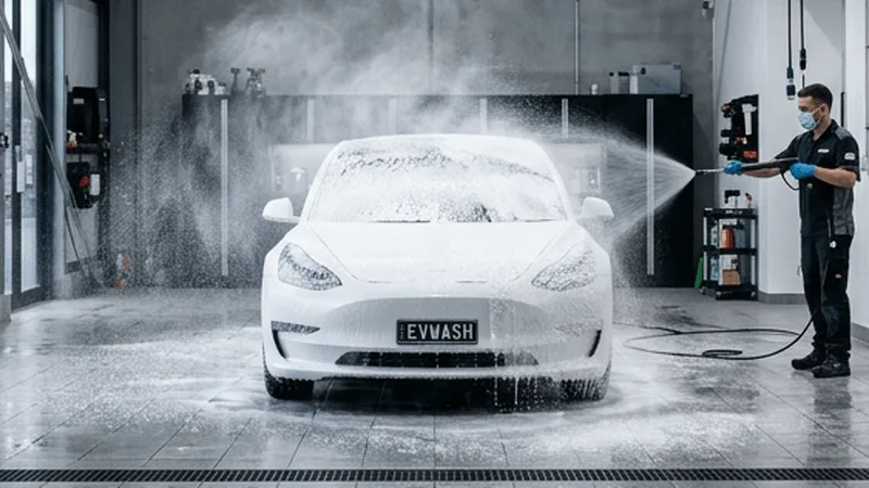 En Tesla Model 3 som tvättas i en biltvätt med fokus på laddporten.