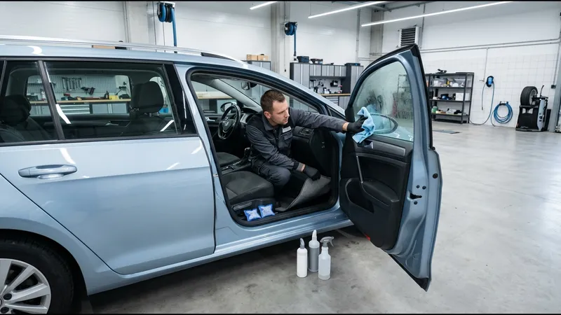 En bilvårdare som torkar kondens från en fuktig bilruta och inspekterar mattorna i en rekondhall.