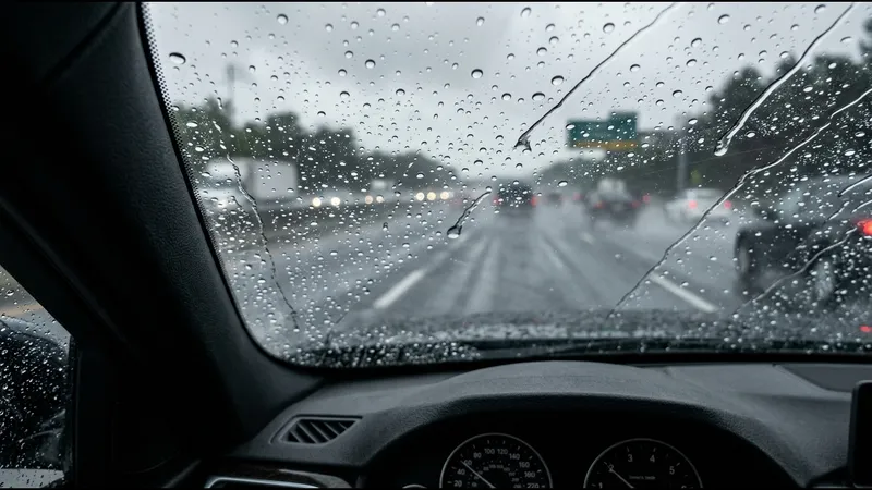 Vindruta på en bil behandlad med glasförsegling under kraftigt regn där vattendroppar pärlar sig perfekt.