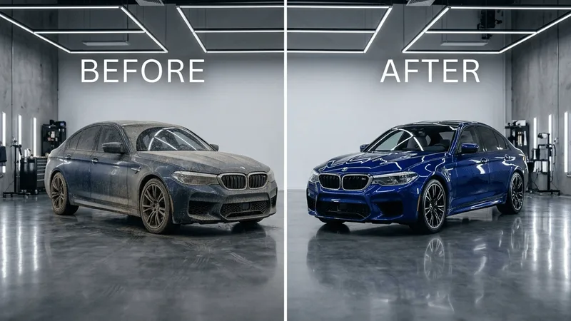 En person som utför helrekond på sin bil i ett väl upplyst garage.