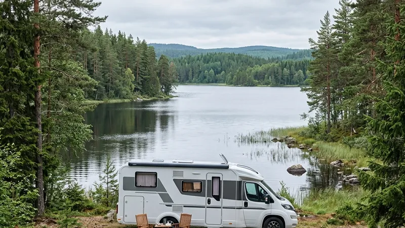 En ren husbil parkerad i en naturskön skogsmiljö bredvid en svensk insjö.