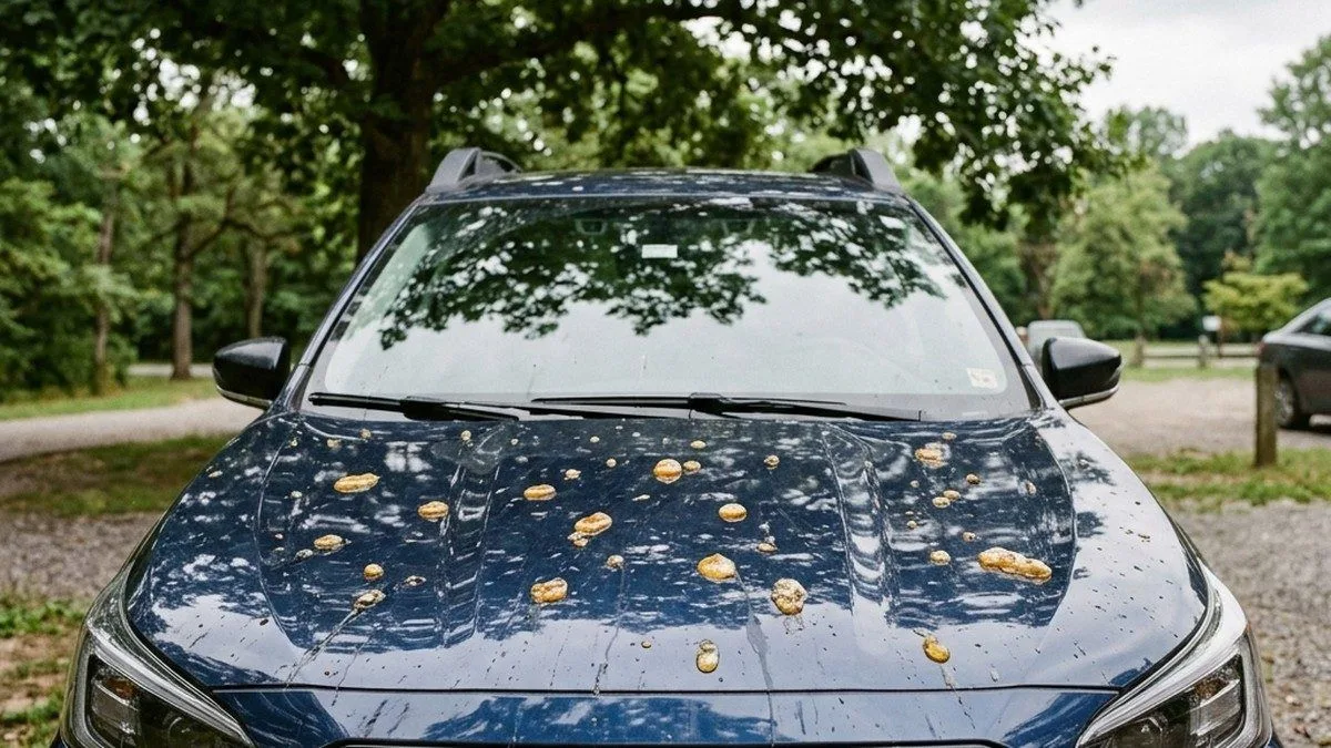 Bilmotorhuv med klibbiga gula kådadroppar från ett träd.