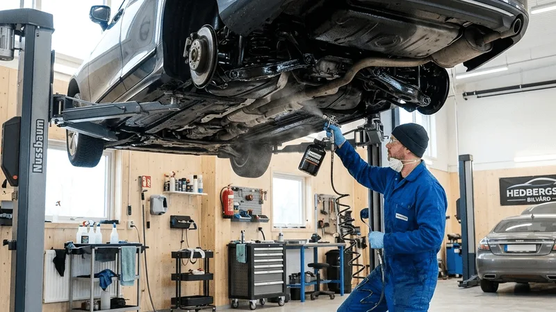 Inspektion av bilens underrede på lyft inför rostskyddsbehandling.