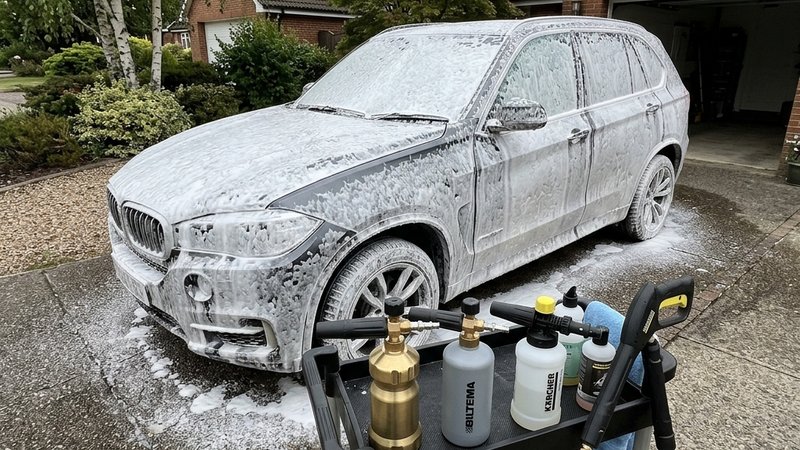 Flera olika skumkanoner och foam lances monterade på högtryckstvättar med tjockt vitt skum på en bil.