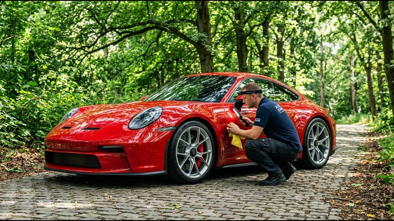 Blänkande röd bil parkerad i skuggan under gröna sommarträd.