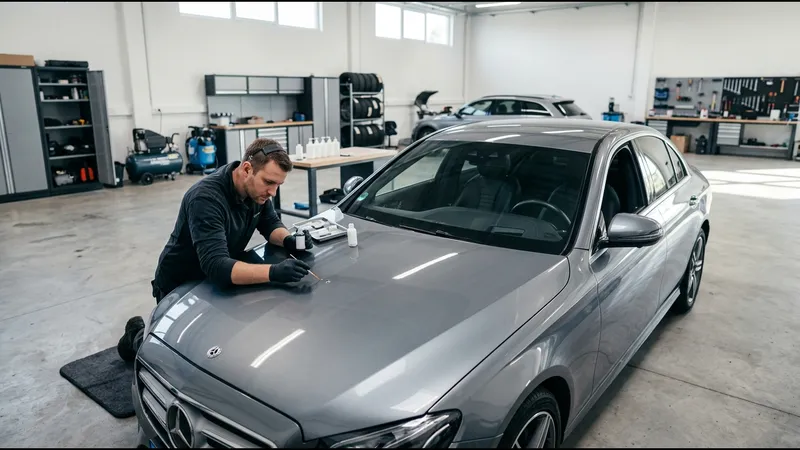 En bilvårdsexpert som varsamt applicerar färg från ett lackstift i ett litet stenskott på bilens motorhuv.
